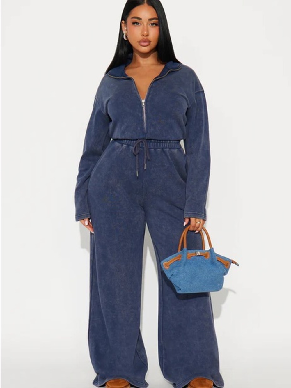 Washed Navy Wide-Leg Jumpsuit with Zip Front
